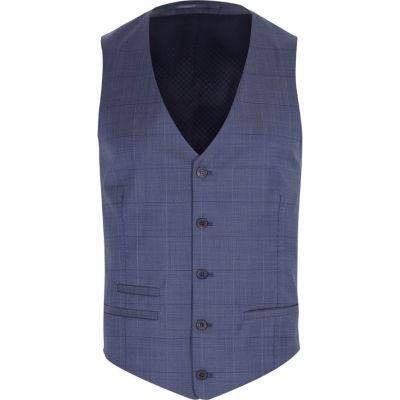 Blue subtle check wool-blend waistcoat